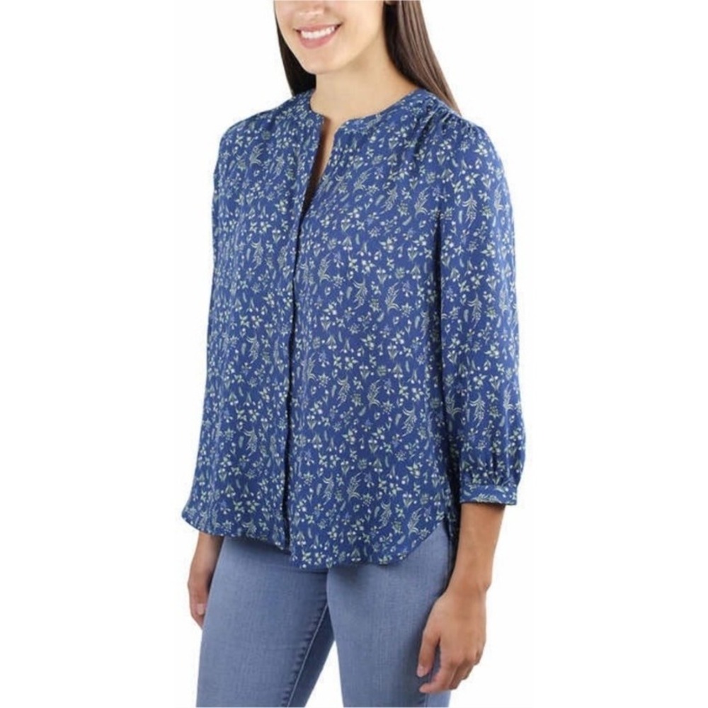 Jachs Girlfriend Women's Printed‎ 3/4 Sleeve with Hidden Button Blouse Blue M